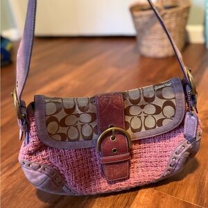 Vintage Rare Coach Signature Suede & Tweed Pink/Purple SoHo Buckle Hobo Handbag